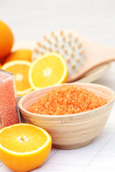 Bowl Orange Bath Salt Fresh Fruits Beauty Treatment — Stock Photo, Image