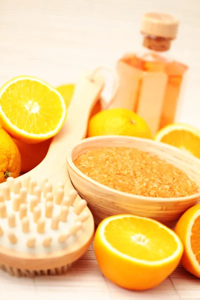 Miska Pomerančové Koupelové Soli Čerstvým Ovocem Kosmetické Ošetření — Stock fotografie