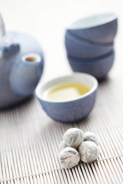 Teekocher Und Tasse Grünen Tee Tea Time — Stockfoto
