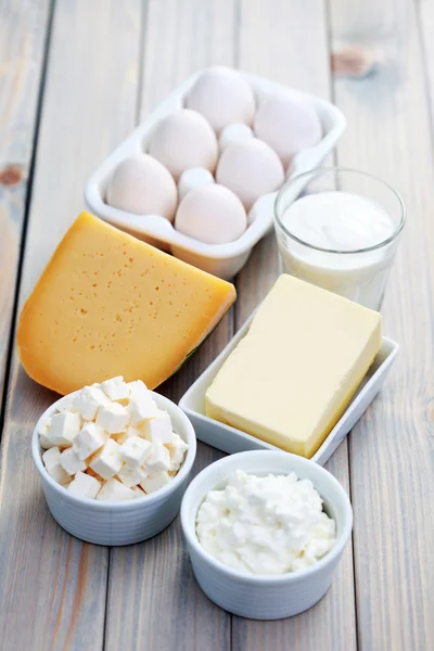 Mléčné Výrobky Dřevěný Stůl Jídlo Pití — Stock fotografie