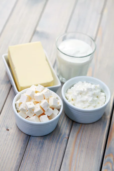 Mléčné Výrobky Dřevěný Stůl Jídlo Pití — Stock fotografie