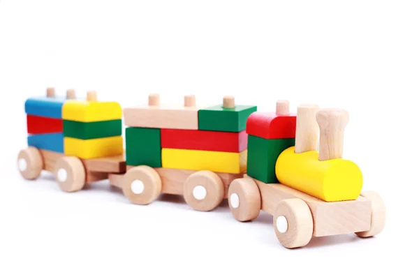 Trem Madeira Isolado Branco Brinquedos — Fotografia de Stock