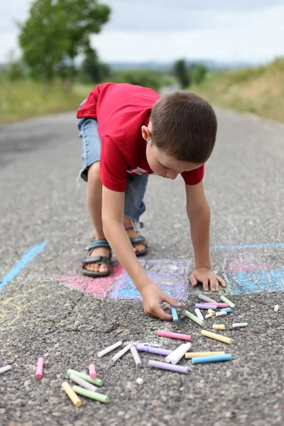 Years Old Boy Drawing Sidewalk Chalk Family Kids — Stock Photo, Image