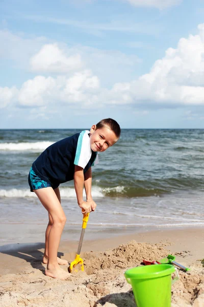 Years Old Boy Digging Sand Kids — Stock Photo, Image