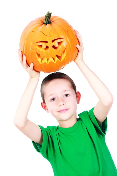 Years Old Boy Halloween Pumpkin White Background Family Kids — Stock Photo, Image