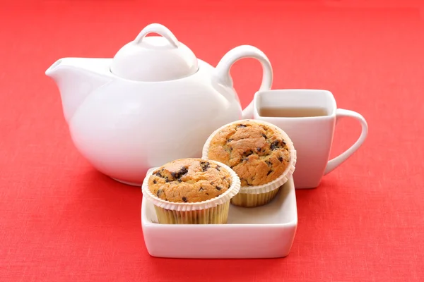 Xícara Chá Deliciosos Muffins Comida Bebida — Fotografia de Stock
