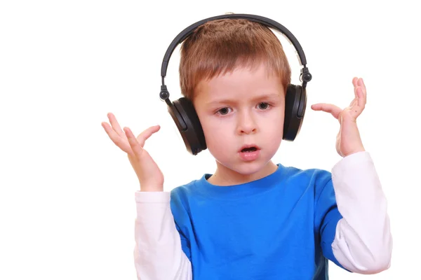 Niño Cinco Años Con Auriculares Aislados Blanco —  Fotos de Stock