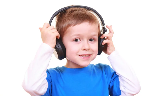 Vijf Jaar Oude Jongen Met Hoofdtelefoon Geïsoleerd Wit — Stockfoto