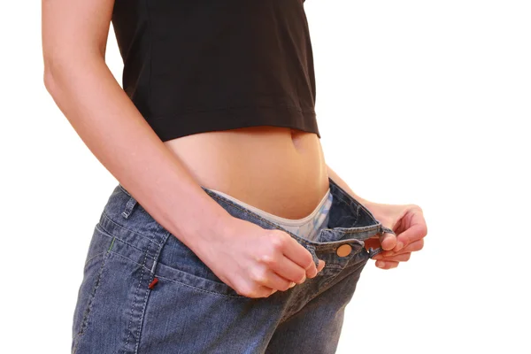 Magen Och Stora Jeans Viktminskning Isolerad Vit — Stockfoto