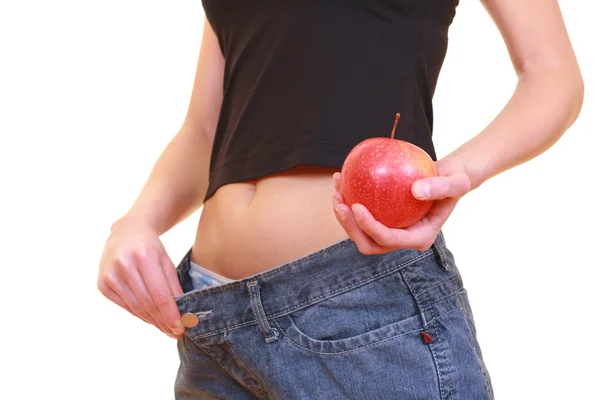 アップル腹と大きなジーンズ 白で隔離される減量 — ストック写真