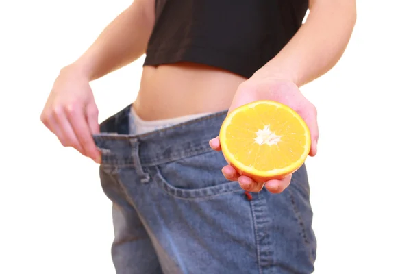 Orange Belly Big Jeans Weight Loss Isolated White — Stock Photo, Image