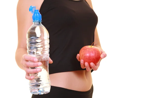 水のボトルと白で隔離される赤いリンゴと完璧なボディ 上の食事療法 — ストック写真