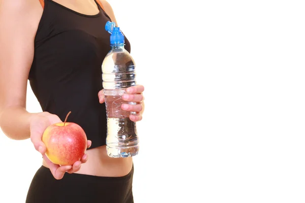 Cuerpo Perfecto Dieta Mujer Con Botella Agua Manzana Roja Aislada —  Fotos de Stock