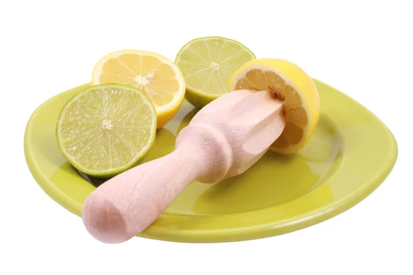 Green Plate Lime Lemon Wooden Citrus Squeezer Isolated White — Stock Photo, Image
