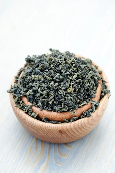Schüssel Mit Trockenen Grünen Teeblättern Tea Time — Stockfoto