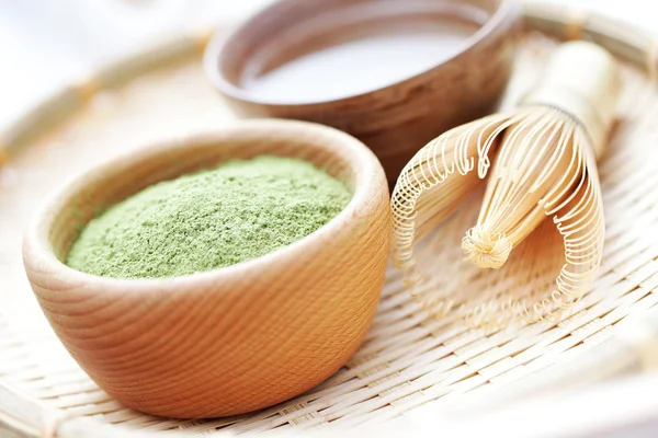 Zelený Čaj Prášek Bambusovou Metlu Čas Čaj — Stock fotografie