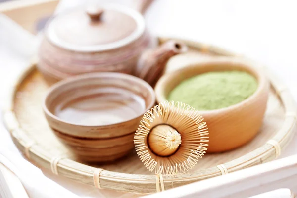 Zelený Čaj Prášek Bambusovou Metlu Čas Čaj — Stock fotografie