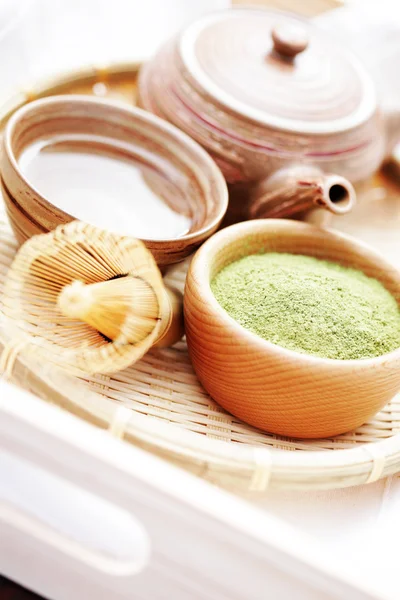 Πράσινο Τσάι Σκόνη Σύρμα Μπαμπού Χρόνος Τσαγιού — Φωτογραφία Αρχείου
