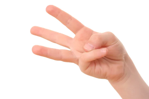 Hand Räkna Tre Fingrar Barnens Hand Isolerad Vit — Stockfoto