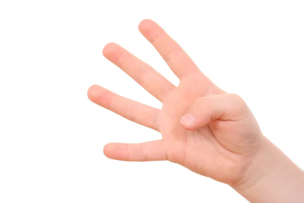 Ręczne Liczenie Cztery Palce Dłoni Dziecka Białym Tle — Zdjęcie stockowe