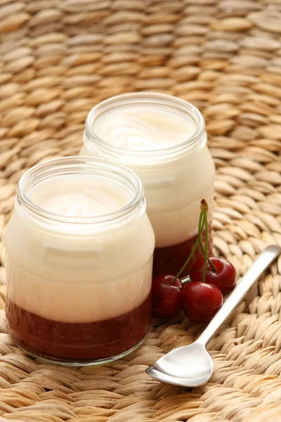 Two Glasses Yogurt Cherry Delicious Breakfast — Stock Photo, Image