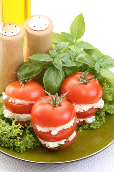Delicious Tomatoes Cheese Basil Appetizer — Stock Photo, Image