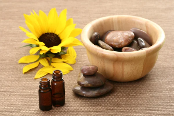 Bowl Pebbles Bottles Aromatic Oil Beauty Treatment — Stock Photo, Image