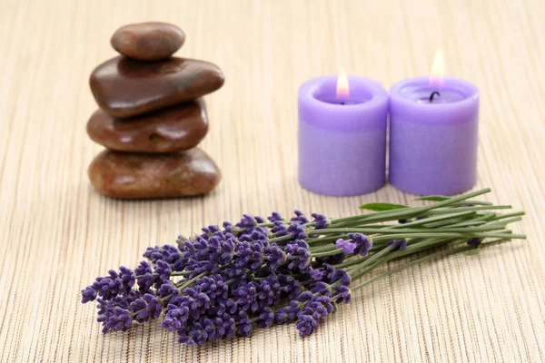 Bunch Lavender Flowers Candles Stones — Stock Photo, Image