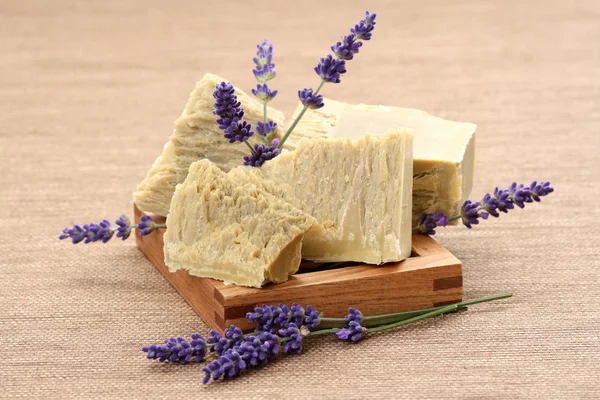 stock image natural lavender soap and fresh lavender flowers - body care