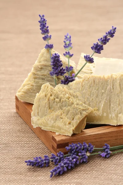 stock image natural lavender soap and fresh lavender flowers - body care