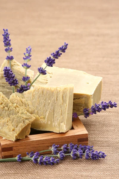 Natural Lavender Soap Fresh Lavender Flowers Body Care — Stock Photo, Image