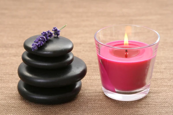 Lavender Flower Candle Stones Spa Treatment — Stock Photo, Image
