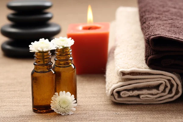 Essential Oils Flowers Towels Body Care — Stock Photo, Image