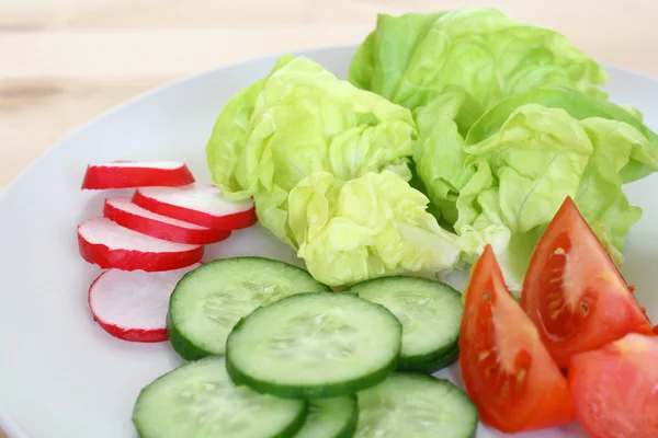Teller Mit Frischem Gemüse Tomaten Gurkenrettich Und Salat — Stockfoto