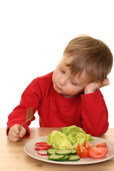Drie Jaar Oude Jongens Plaat Van Verse Groenten Geïsoleerd Wit — Stockfoto