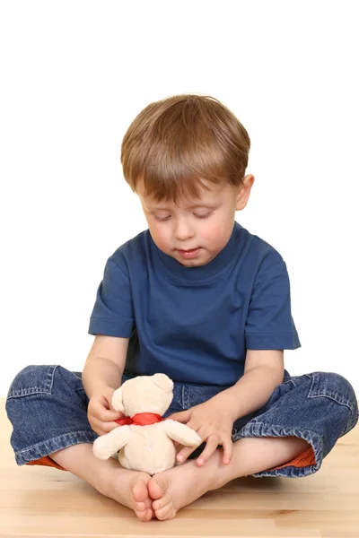 Three Years Old Boysand His Teddy Bear Friend Isolated White — Stock Photo, Image