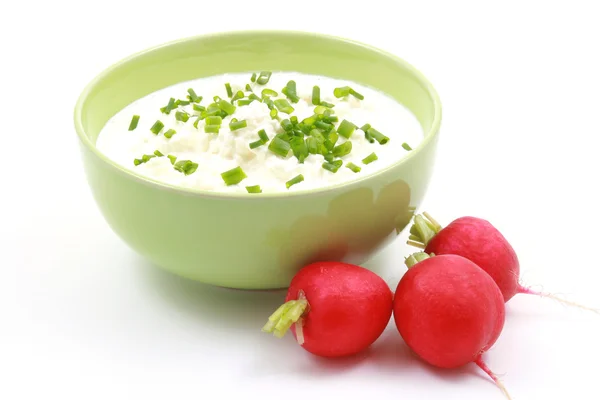 Bowl Cottage Cheese Chive Radish Isolated White — 스톡 사진