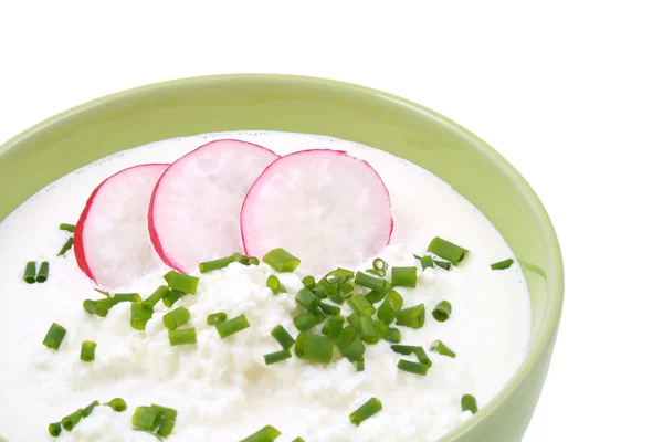 Bowl Cottage Cheese Chive Radish Isolated White — Stock Fotó