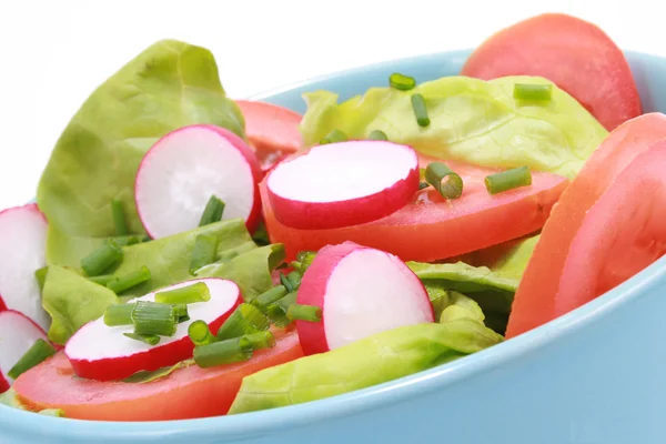 Blaue Schüssel Voll Frischem Gemüse Salat Isoliert Auf Weiß — Stockfoto