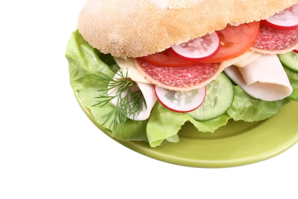 Close Ups Delicioso Sanduíche Com Presunto Queijo Legumes Isolados Branco — Fotografia de Stock