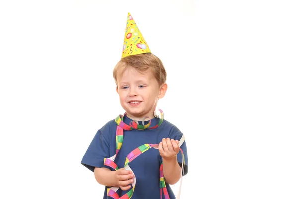 Dreijähriger Junge Mit Partyhut Isoliert Auf Weißem Untergrund — Stockfoto