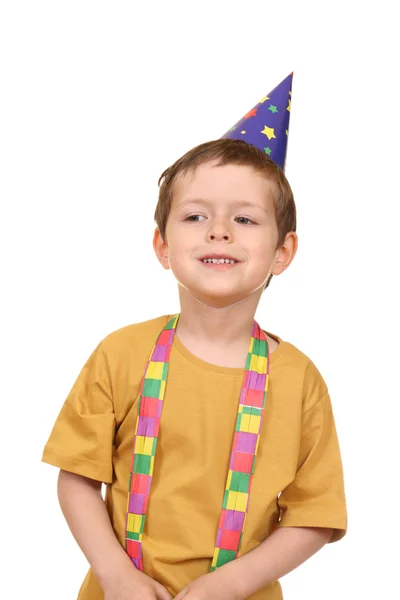 Fünfjähriger Junge Mit Partyhut Isoliert Auf Weißem Untergrund — Stockfoto