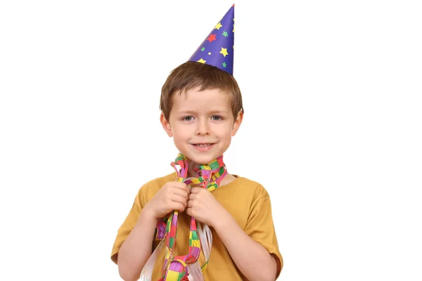 Vijf Jaar Oude Jongen Feest Hoed Geïsoleerd Wit — Stockfoto