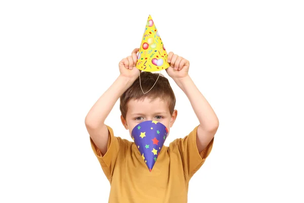 Five Years Old Boy Party Hat Isolated White — Stock Photo, Image
