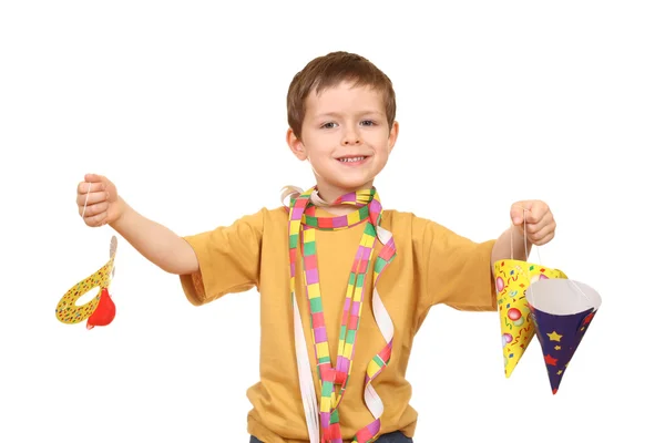 Fünfjähriger Junge Mit Party Accessoires Isoliert Auf Weißem Grund — Stockfoto