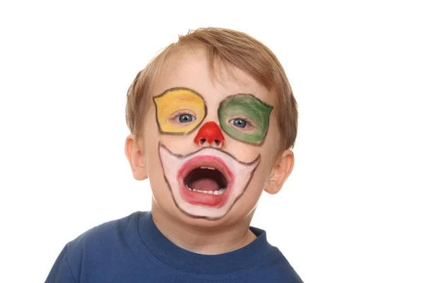 Dreijähriger Junge Mit Geschminktem Gesicht Isoliert Auf Weiß — Stockfoto