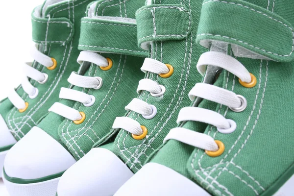 Two Pairs Green Sneakers Children Close Ups — Stock Photo, Image