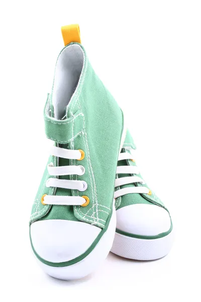 Par Zapatillas Verdes Para Niños Aislados Blanco — Foto de Stock