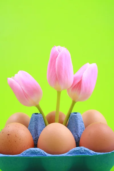 Húsvéti Dekoráció Tojás Kék Doboz Rózsaszín Tulipánok — Stock Fotó