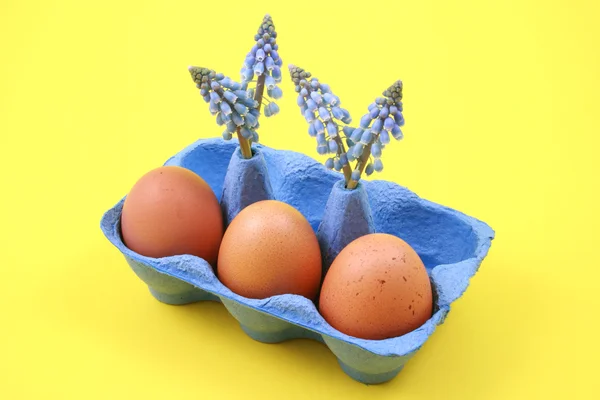 Ovos Decoração Páscoa Caixa Azul Com Flores Primavera — Fotografia de Stock